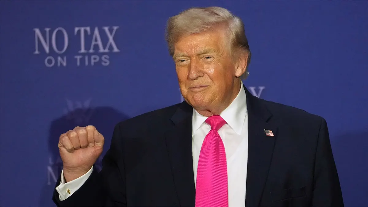President Donald Trump highlights 'No Tax on Tips' during a stop in Las Vegas, on April 16, 2026