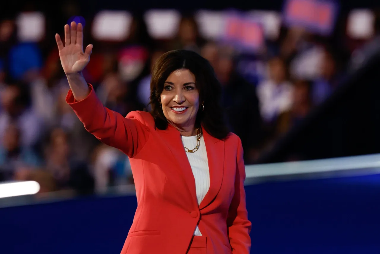 CHICAGO, ILLINOIS - AUGUST 19: New York Gov. Kathy Hochul waves during the first day of the Democratic National Convention at the United Center on August 19, 2024 in Chicago, Illinois. (Photo by Kevin Dietsch/Getty Images)