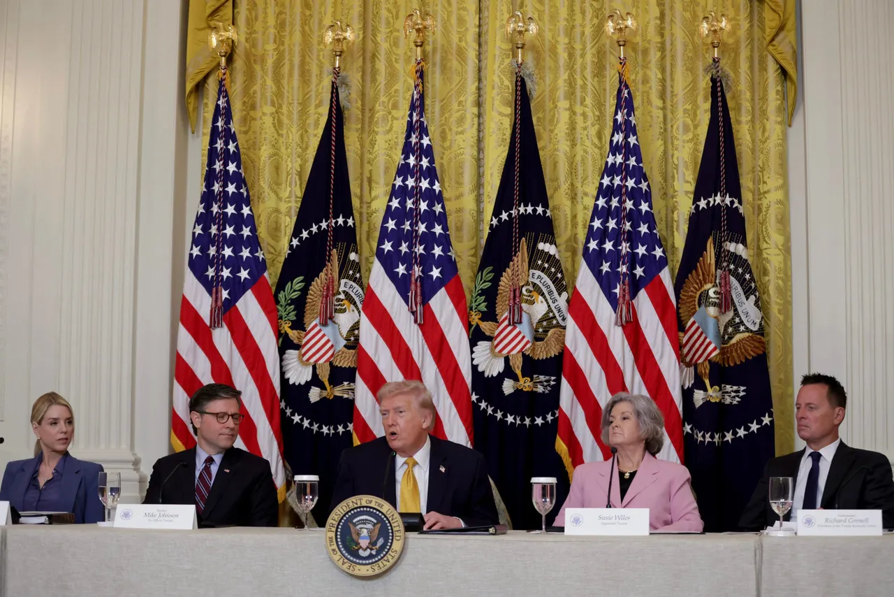 U.S. President Donald Trump (C) sits with (L-R) U.S. Attorney General Pam Bondi, U.S. Speaker of the House Mike Johnson (R-LA), White House Chief of Staff Susie Wiles, and Richard Grenell, outgoing President of The Kennedy Center Board of Trustees, as he speaks during a lunch with the Trump Kennedy Center Board Members in the East Room of the White House on March 16, 2026 in Washington, DC. President Trump convened the board of trustees of the Trump Kennedy Center to vote on a proposal to close the institution for two years of major renovations. (Photo by Alex Wong/Getty Images)