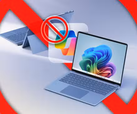 A laptop with Copilot+ and a cross on the Copilot logo.