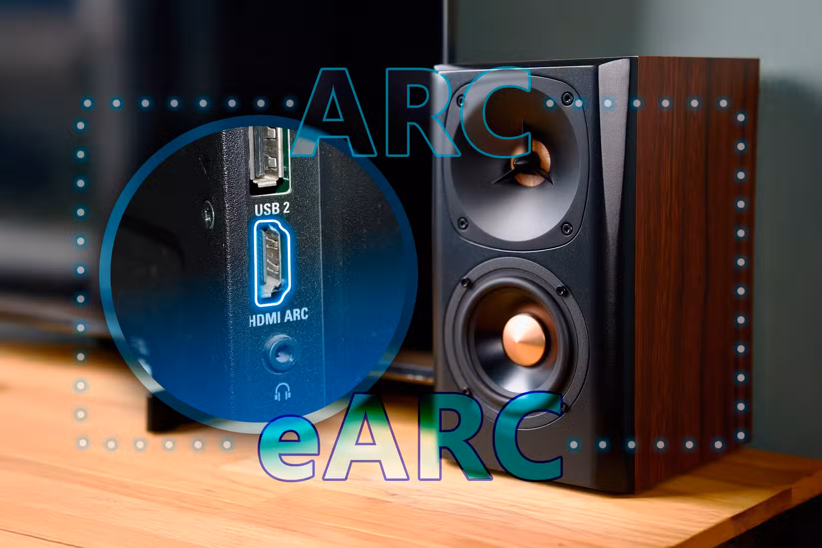 A speaker, an HDMI input of a TV next to it, and the texts 'ARC' and 'eARC'.