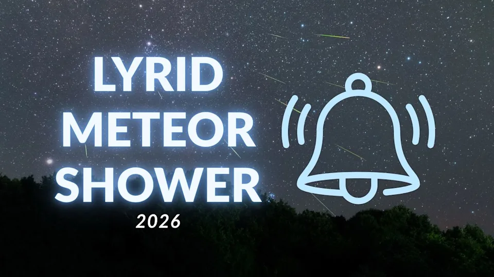  Text lyrid meteor shower 2026 glows blue and a notification bell on the right, in the background is a meteor shower with trees silhouetted below. 