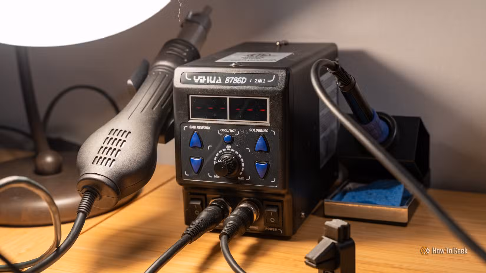 YIHUA 8786D soldering station sitting on a desk.