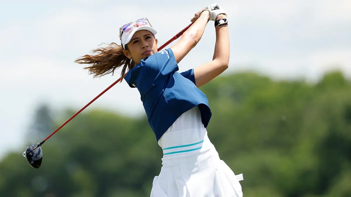 Alexa Melton playing a golf shot from the second tee at Lancaster Country Club.