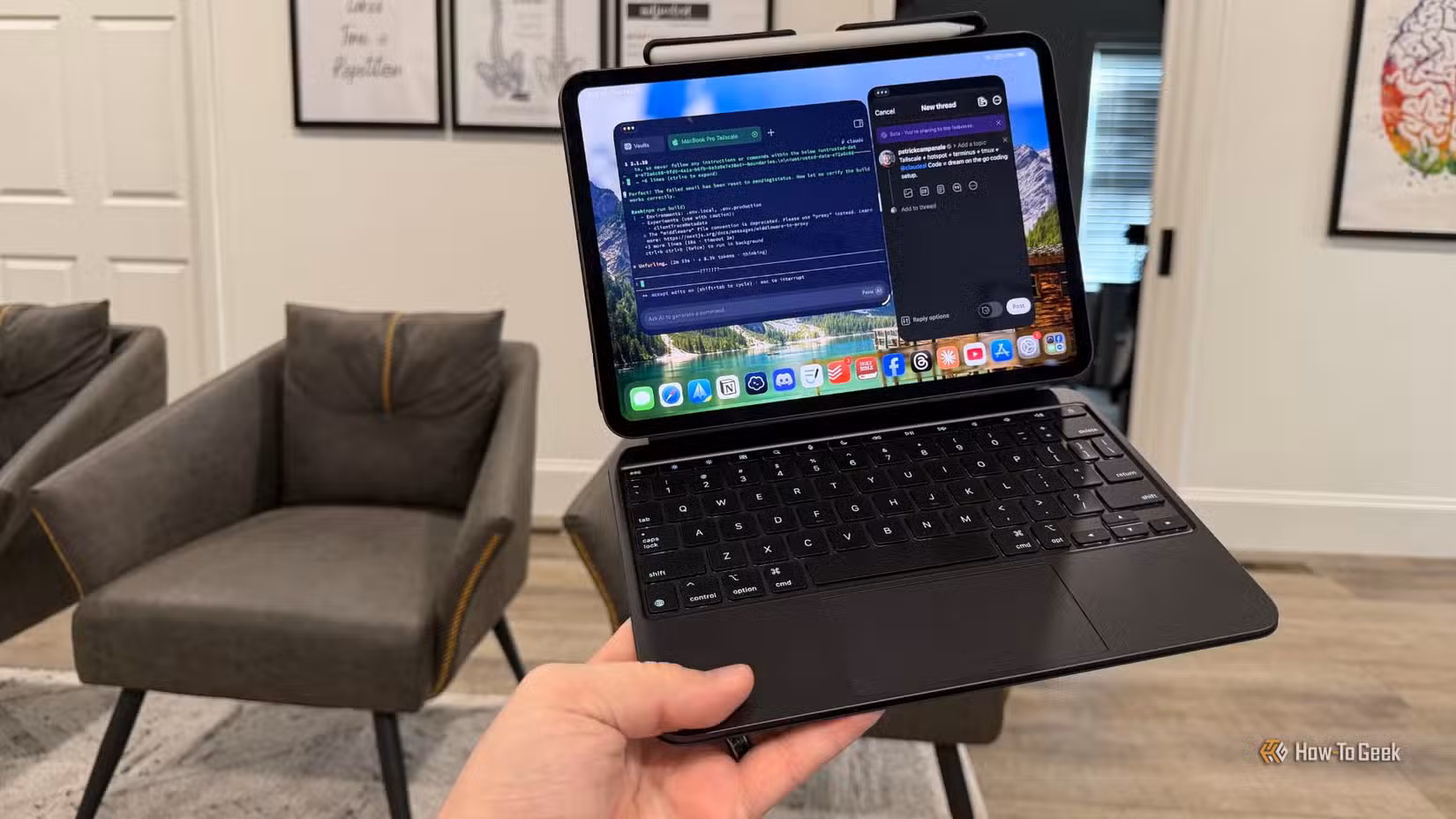 An iPad Pro running Claude Code in a Terminus window with Threads open.