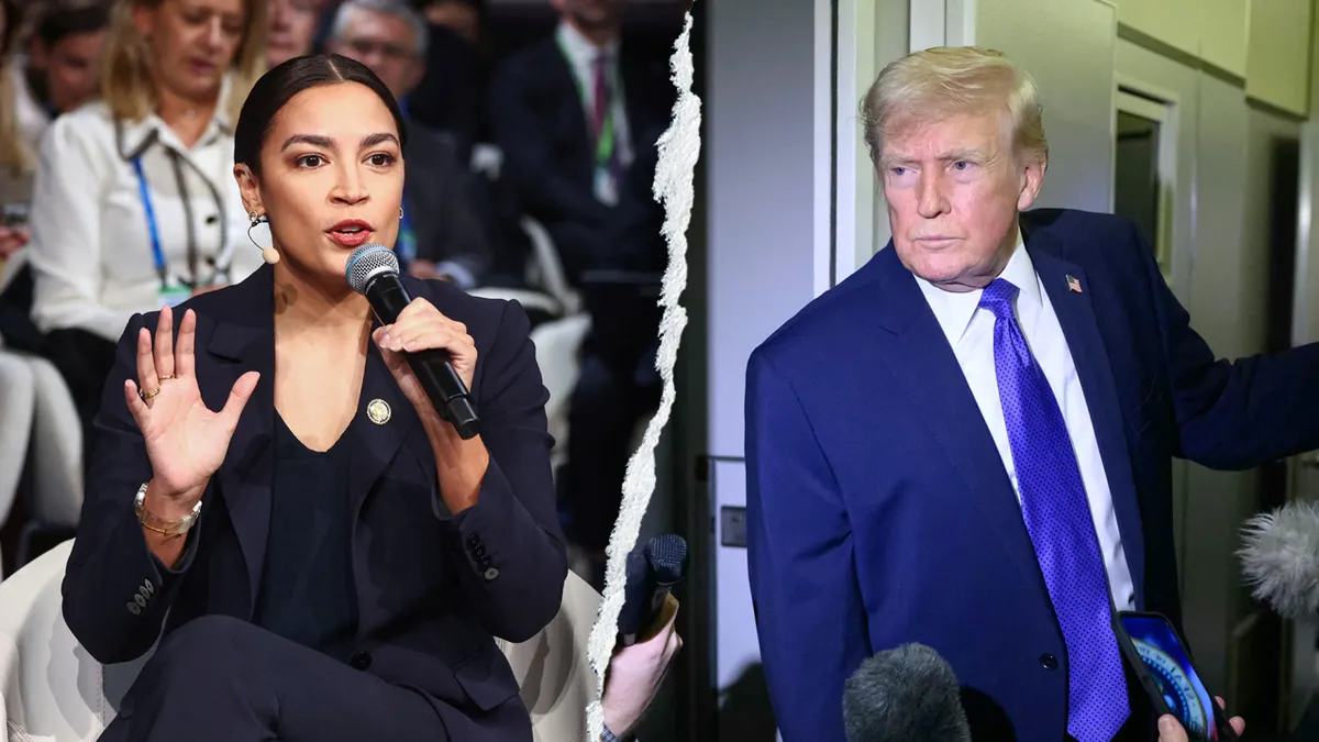Rep. Alexandria Ocasio-Cortez speaking at Munich Security Conference and President Donald Trump speaking onboard Air Force One