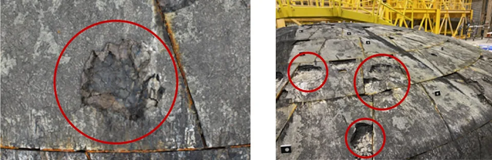 Images from a NASA inspector general report showed the missing chunks of the Artemis I heat shield, unexpected damage that occurred during its return to Earth. (NASA)