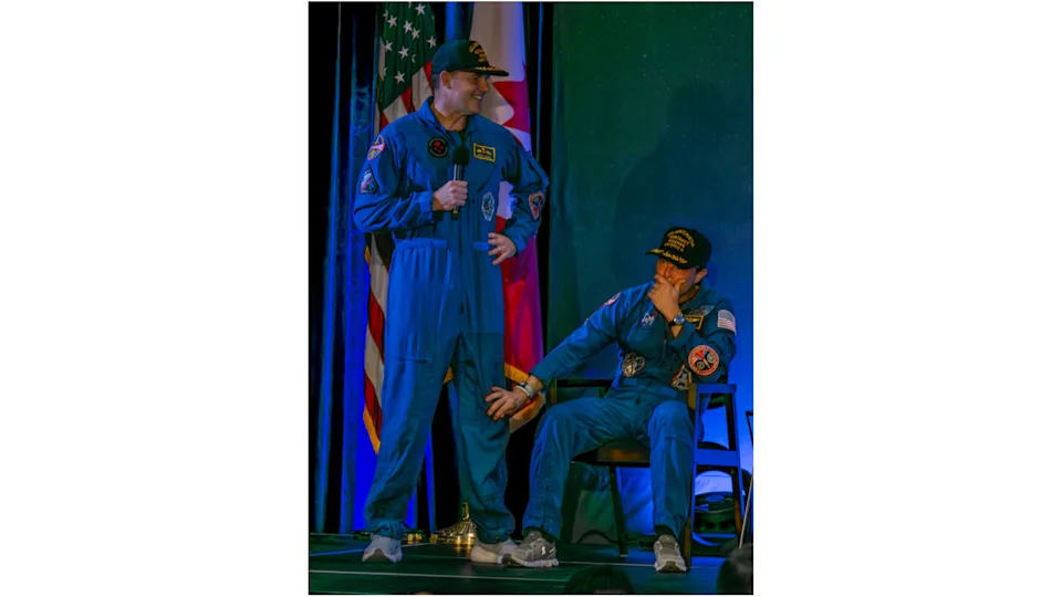 Artemis 2 astronauts Jeremy Hansen (left) and Reid Wiseman in Houston on April 11, 2026.