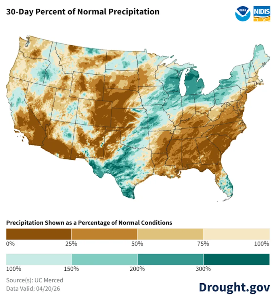 A U.S. map showing very dry conditions over much of the eastern U.S., the Southwest and the Great Plains.