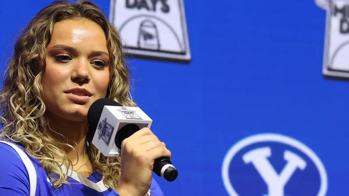 BYU's Delaney Gibb speaking to media at T-Mobile Center in Kansas City