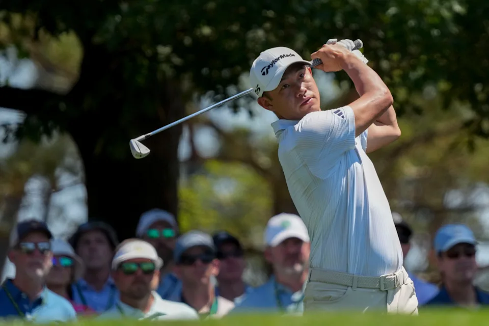 Collin Morikawa tees off on the fourth hole during the third round of the 2026 Masters Tournament at Augusta National Golf Club.