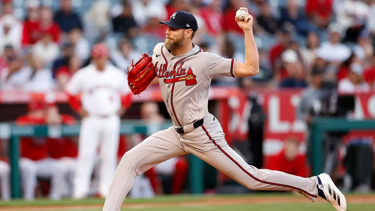 Atlanta Braves pitcher Chris Sale pitching during a baseball game against the Los Angeles Angels