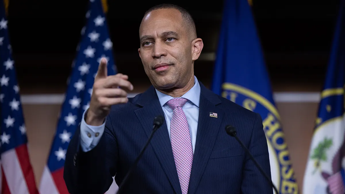 House Minority Leader Hakeem Jeffries speaking at a press conference in Washington, D.C.