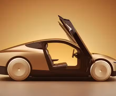 Side profile of the Tesla Cybercab with its butterfly doors open.