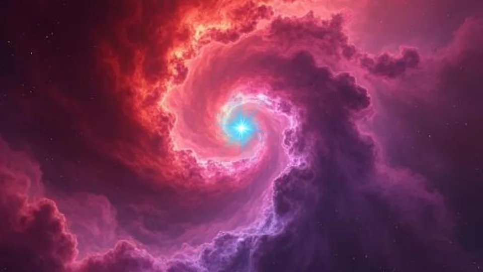  A blue sparkle of light at the center of the image is surrounded by orange, red and purple clouds swirling outward. 