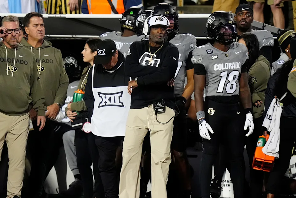 Nov 1, 2025; Boulder, Colorado, USA; Colorado Buffaloes head coach Deion Sanders on the sidelines in the second quarter against the Arizona Wildcats at Folsom Field. Mandatory Credit: Ron Chenoy-Imagn Images