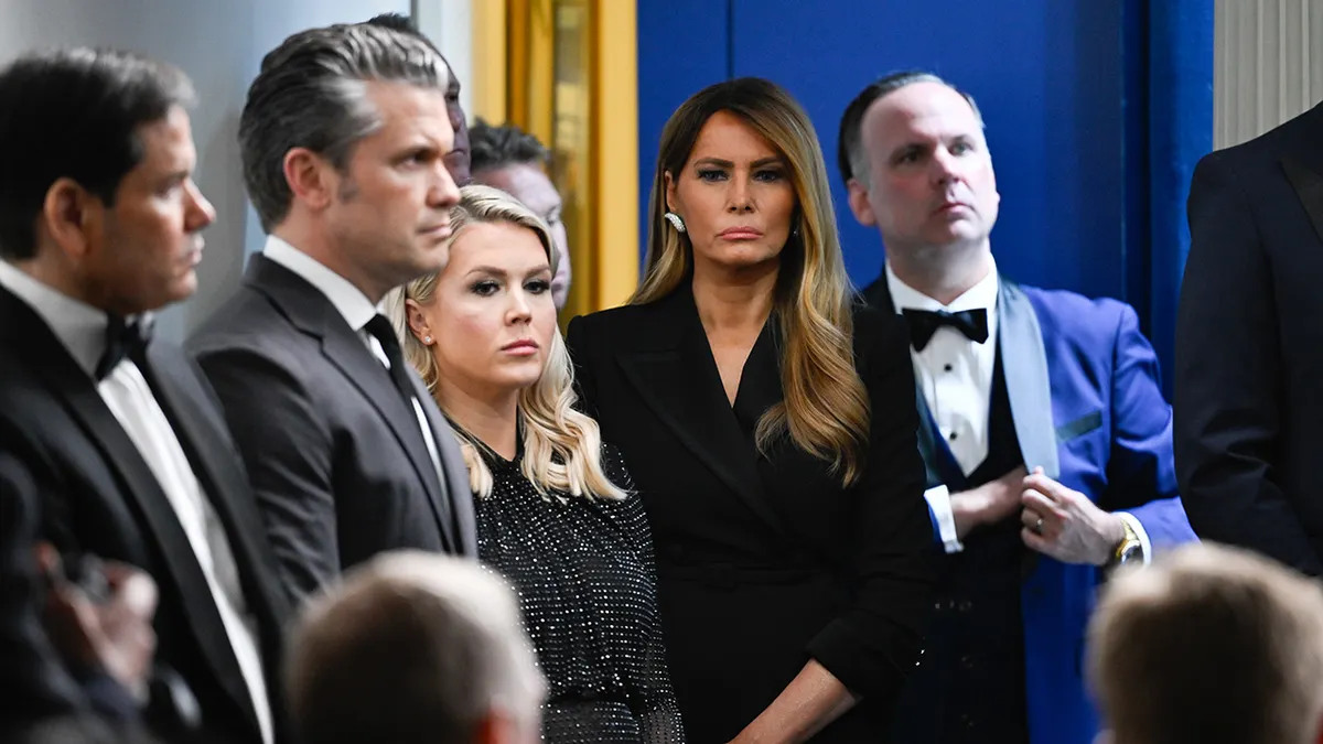 Marco Rubio speaking at a White House press conference with Pete Hegseth, Karoline Leavitt, and Melania Trump