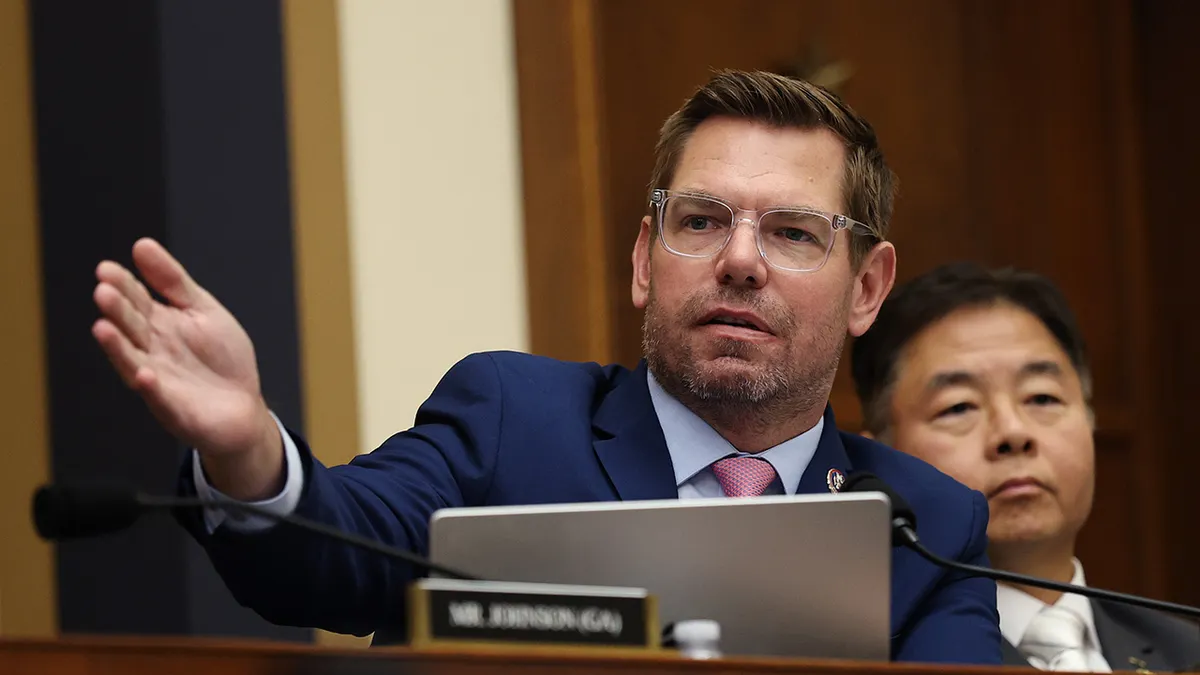 Rep. Eric Swalwell speaking during a House Judiciary Committee hearing with FBI Director Kash Patel in Washington, D.C.