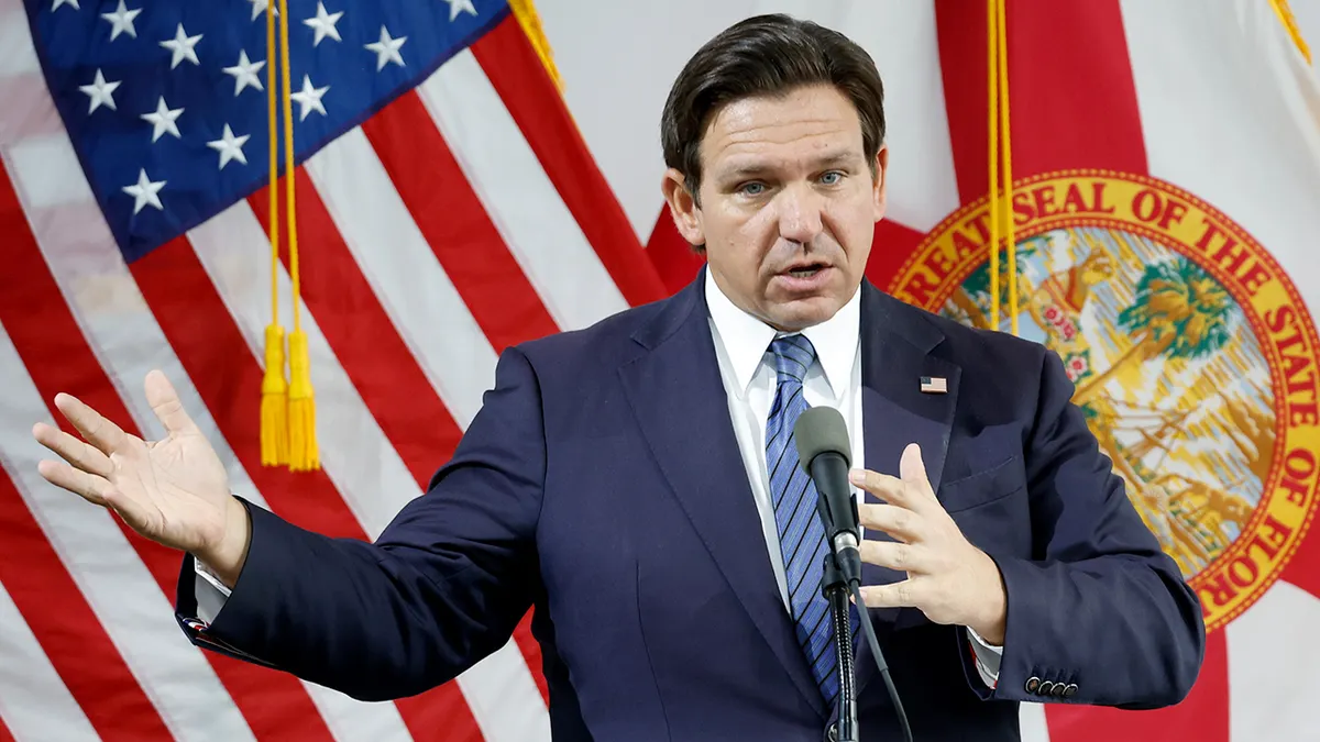 Florida Gov. Ron DeSantis speaking at a news conference in Orlando