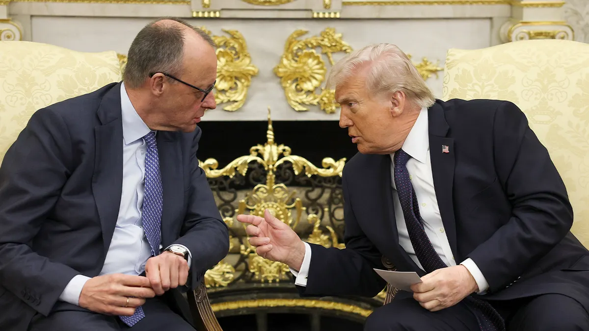 German Chancellor Friedrich Merz and President Donald Trump speaking in the Oval Office