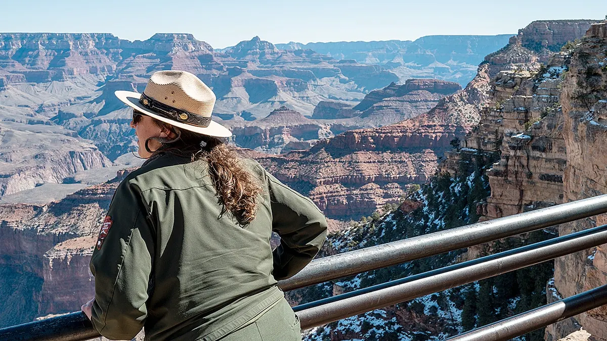 Grand Canyon Park Services Ranger Jill Staurowsky looking out from the South Rim during a tour