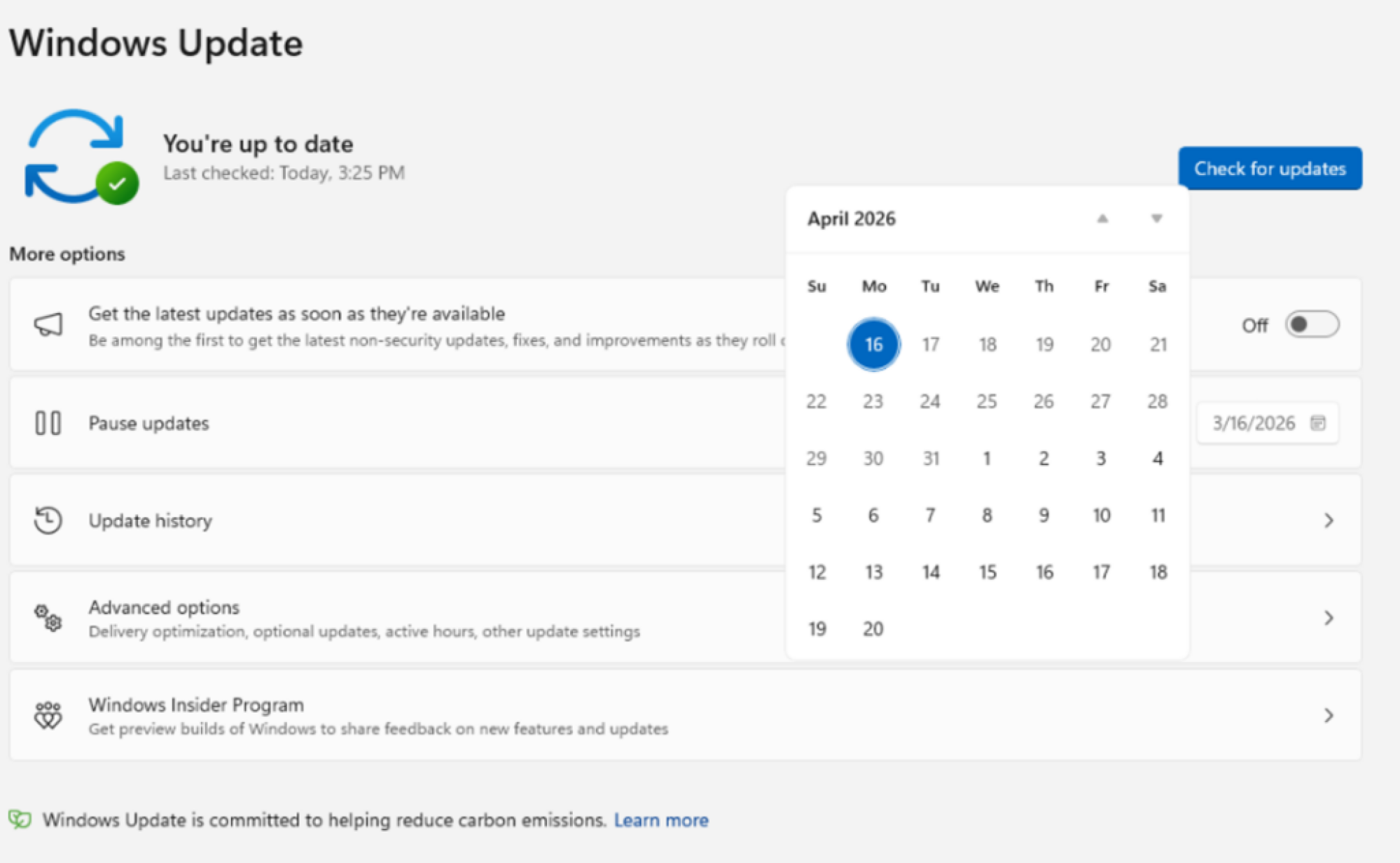 Pause Windows updates date menu.
