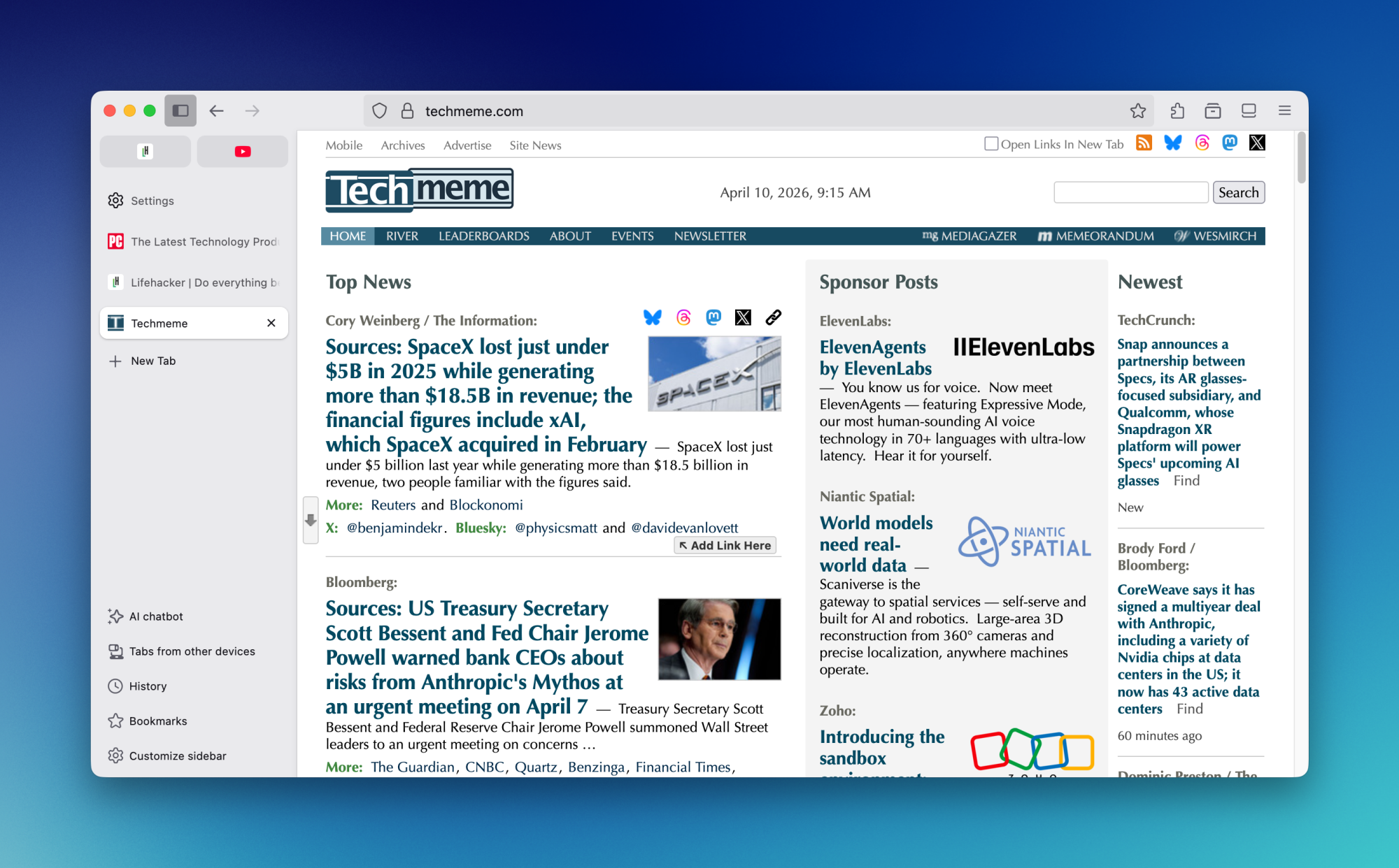 Firefox with vertical tabs enabled.