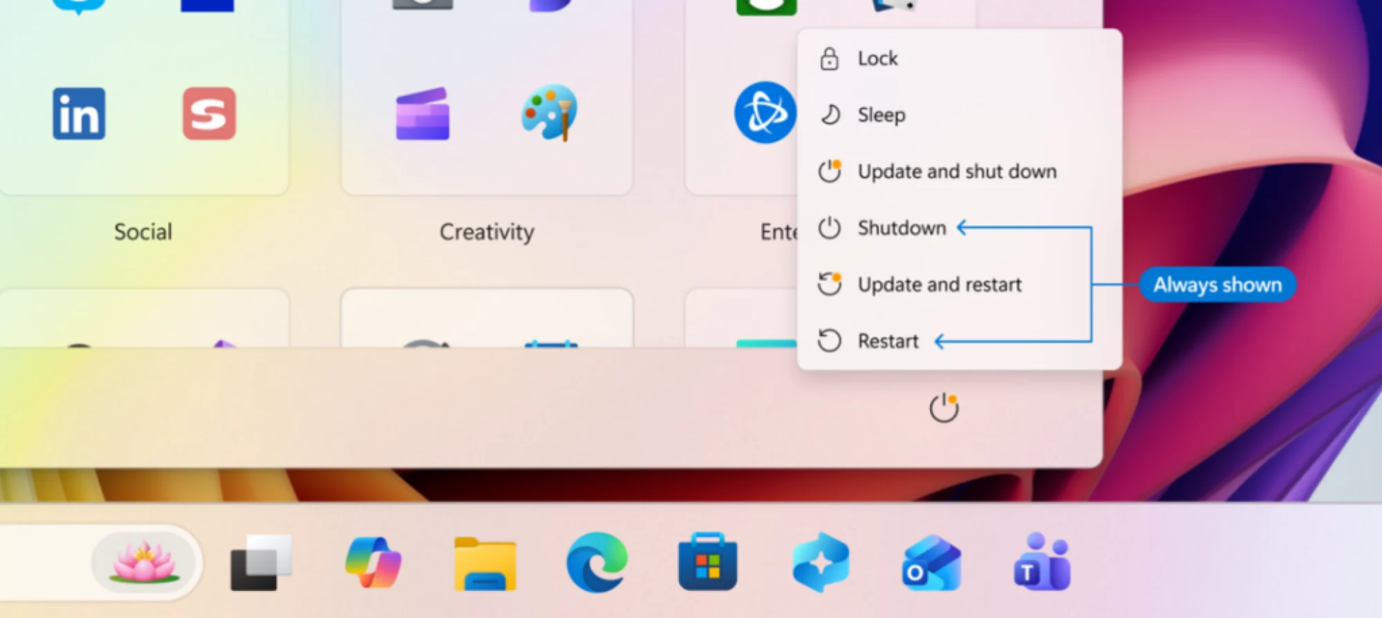 Shutdown and Restart options even when a update is pending.