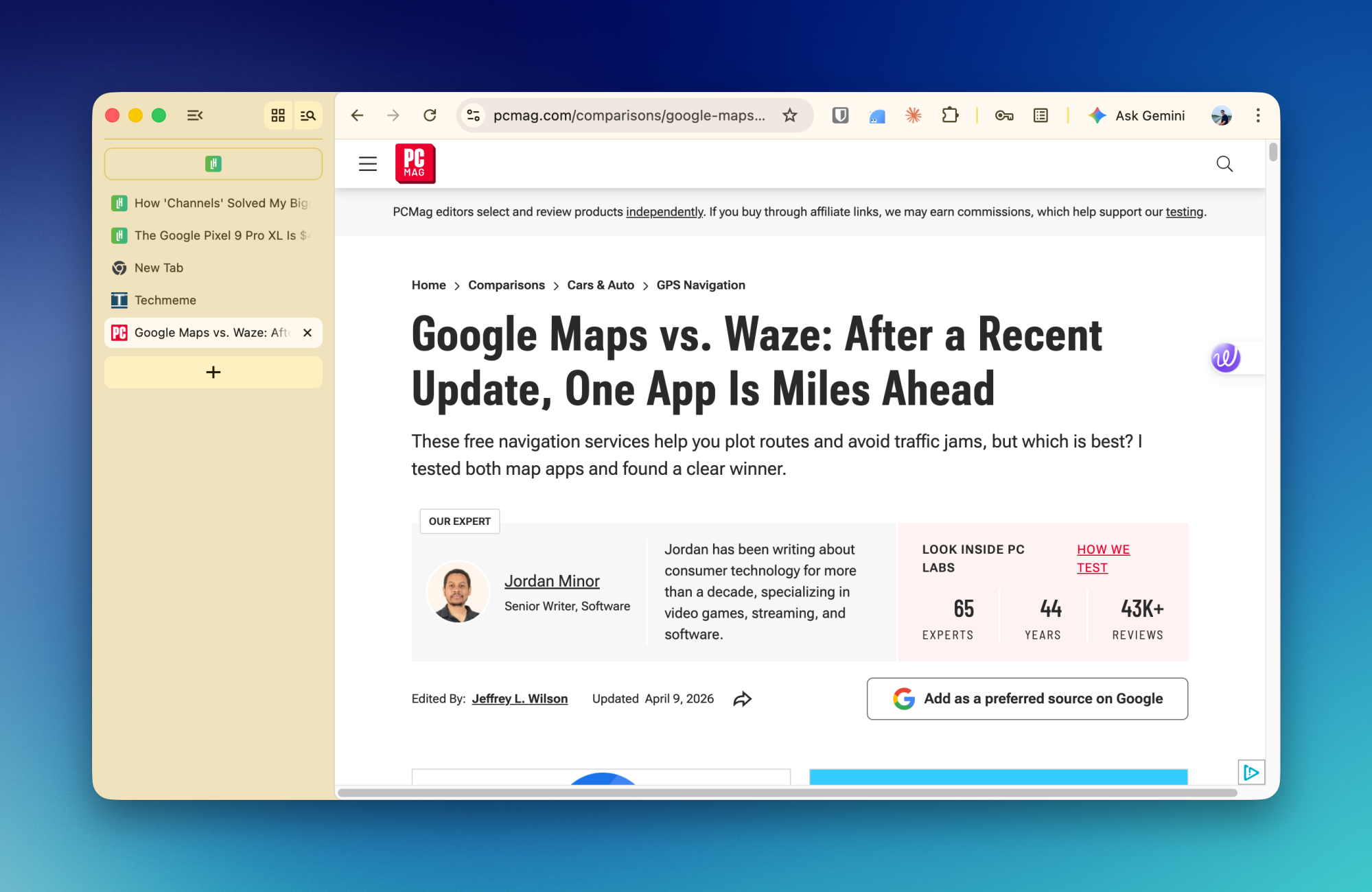 Google Chrome with vertical tabs enabled.