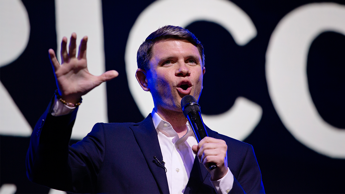 Texas Senate candidate James Talarico speaking at a campaign rally in Houston