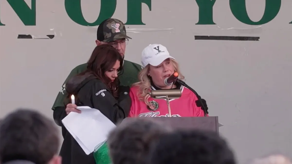 Jessica Gorman speaking at a vigil for her slain daughter Sheridan Gorman in Chicago