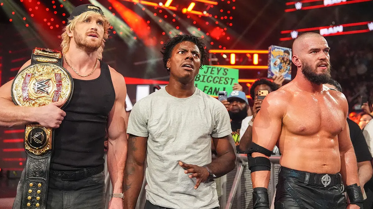 Logan Paul, IShowSpeed, and Austin Theory looking on during Monday Night RAW at Toyota Center in Houston
