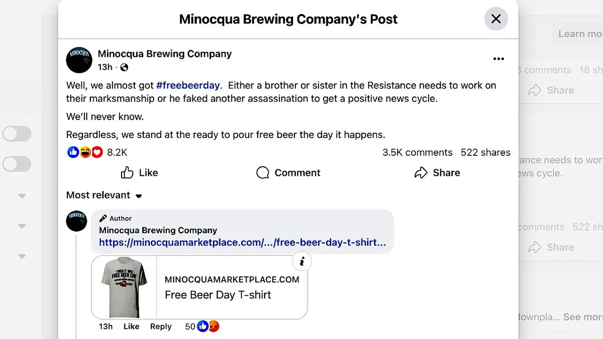 facebook post by Minocqua Brewing Company
