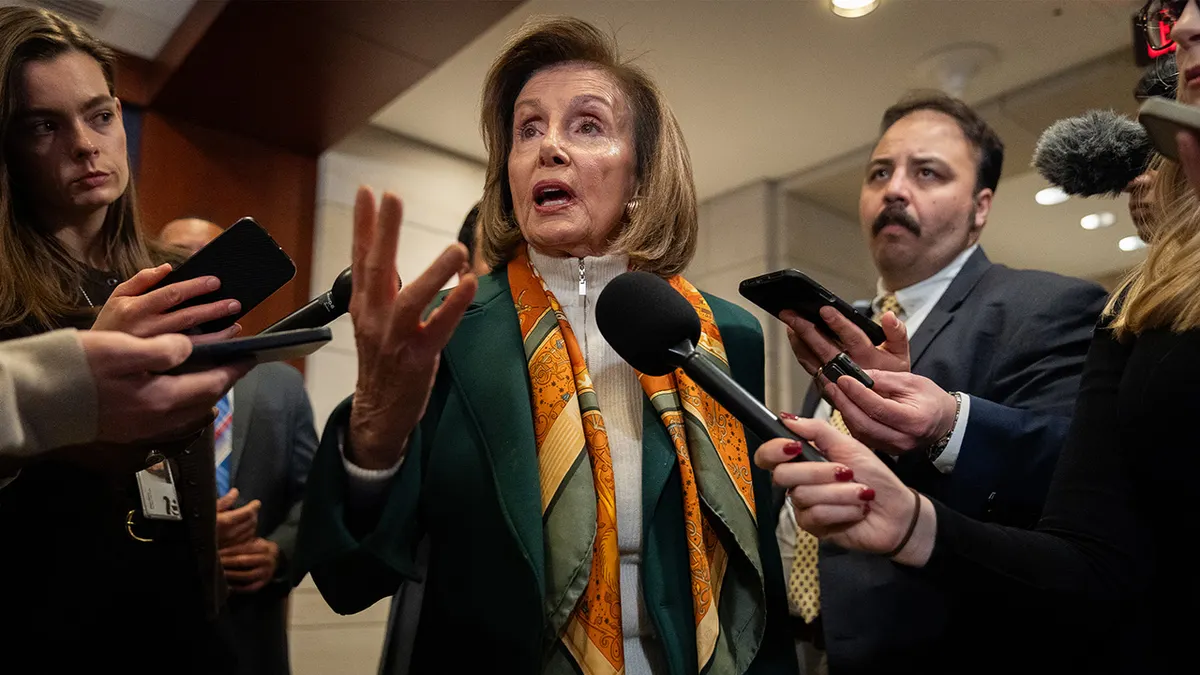 Congresswoman Nancy Pelosi speaking to reporters at the U.S. Capitol in Washington, D.C.