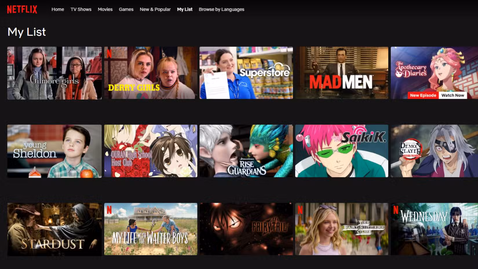 Netflix's My List UI is not categorized.
