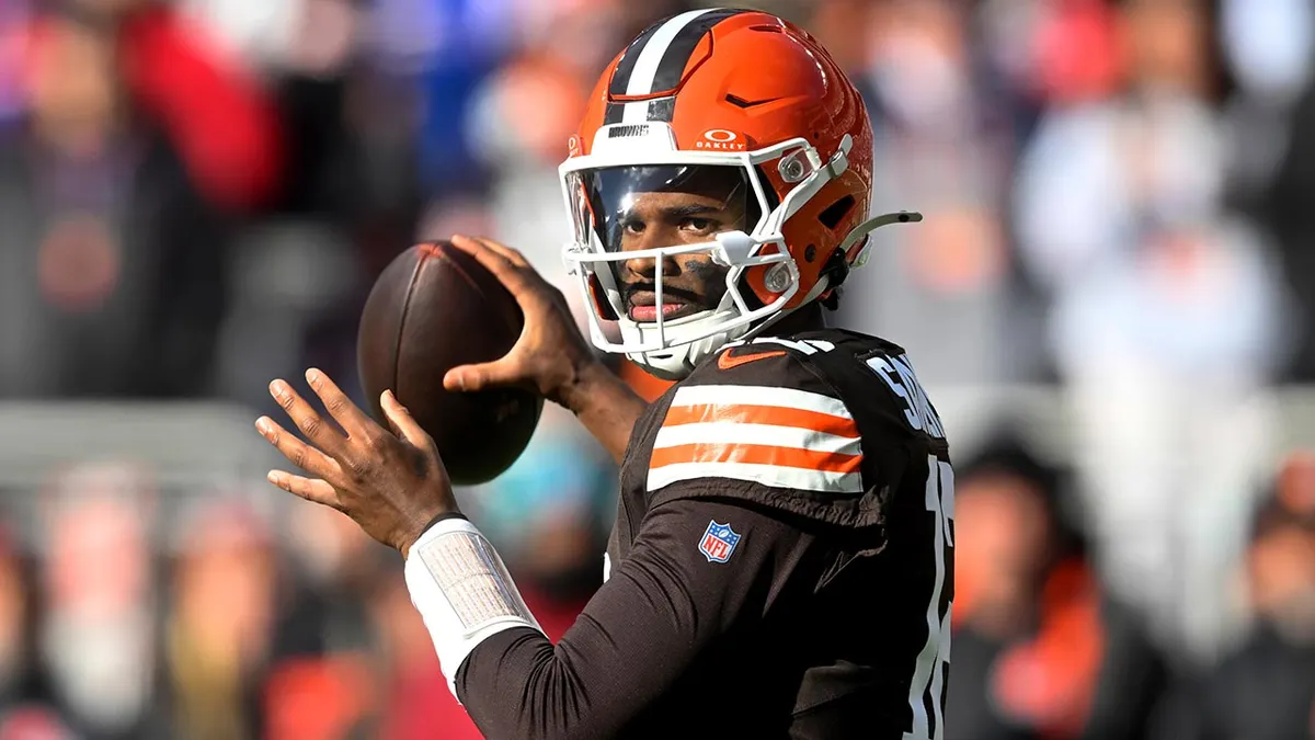 Cleveland Browns quarterback Shedeur Sanders looks to pass during NFL game against Buffalo Bills