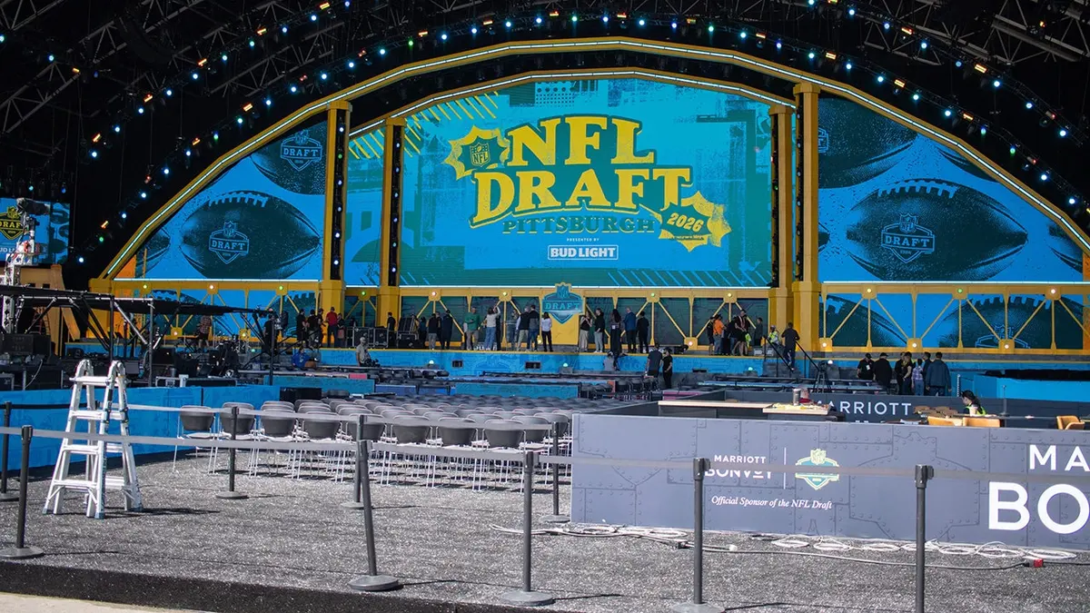 Inside the NFL Draft Theater viewed from outside Acrisure Stadium in Pittsburgh