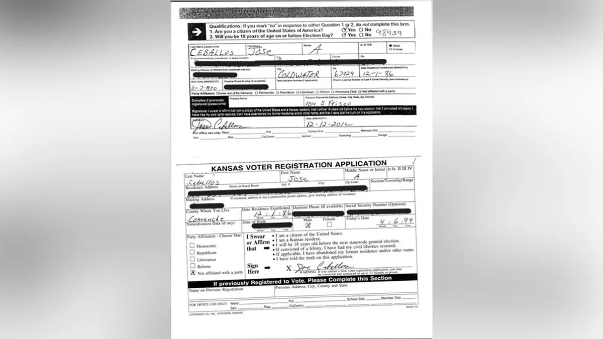 A Kansas voter registration form shows Jose Ceballos-Armendariz indicating he was a U.S. citizen.
