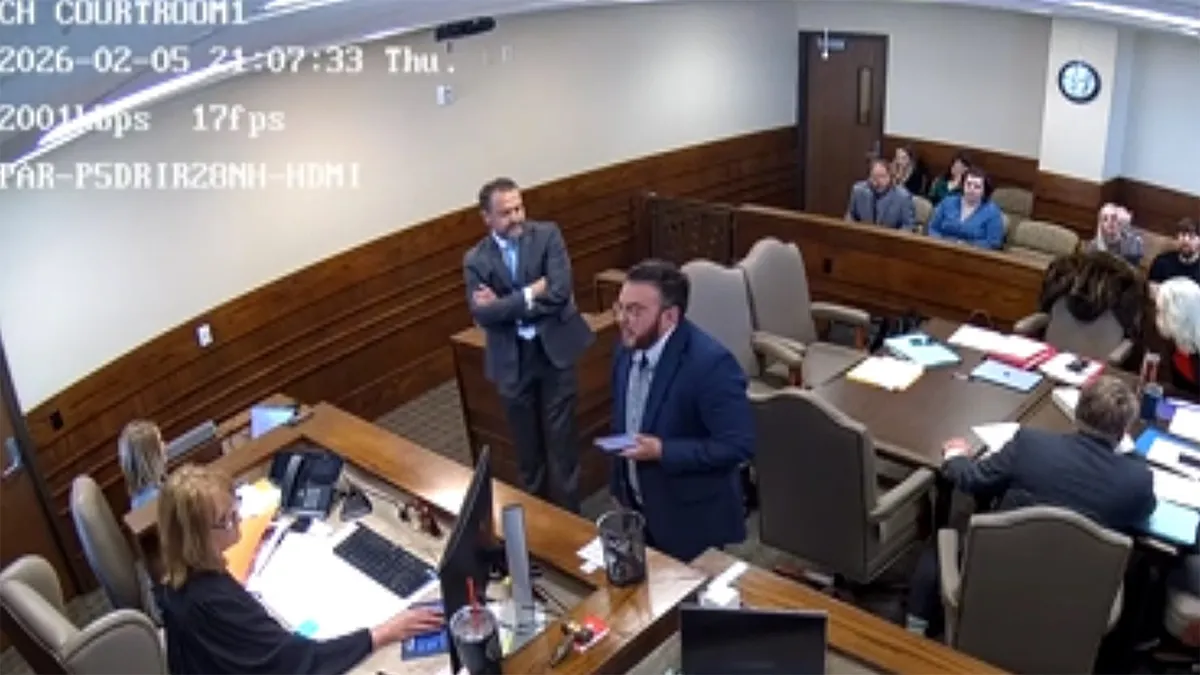 Rob Hopkins, a transgender lawyer in Oklahoma, was jailed for contempt during a procedural hearing in Ada, Oklahoma, last month after a viral meltdown. Surveillance footage and images provided by Oklahoma District Attorney's Office, 22nd Prosecutorial District.