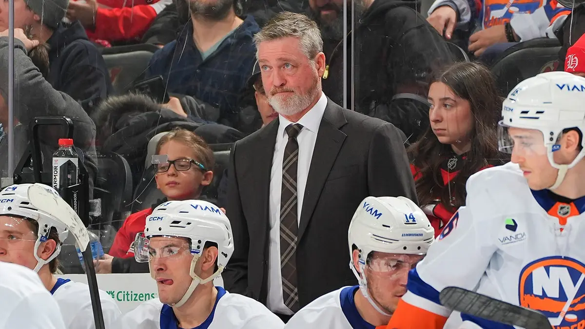 Patrick Roy coaching New York Islanders during game at Prudential Center Newark