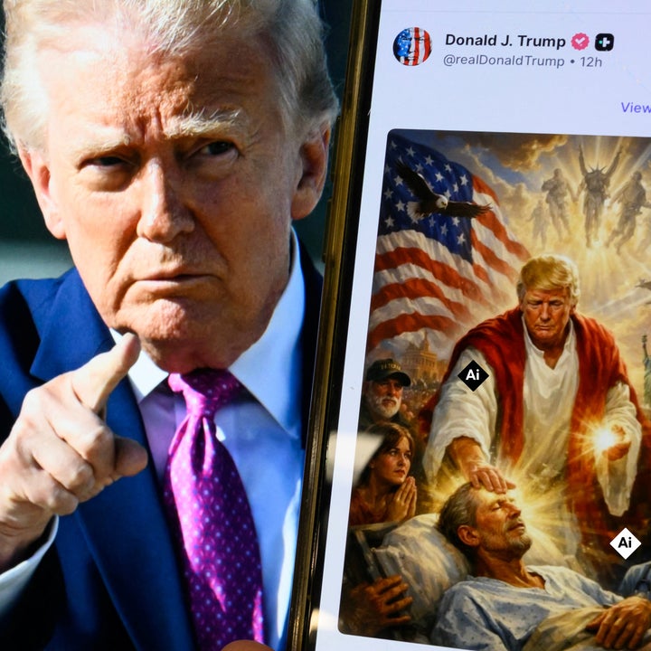 A person holding a phone displaying an image of a mythical scene with a prominent figure depicted with a glowing aura, surrounded by historical imagery