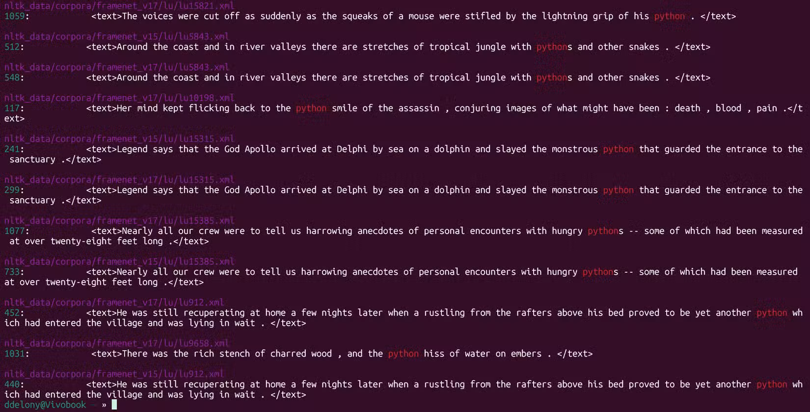 ripgrep search for "python" in the terminal.
