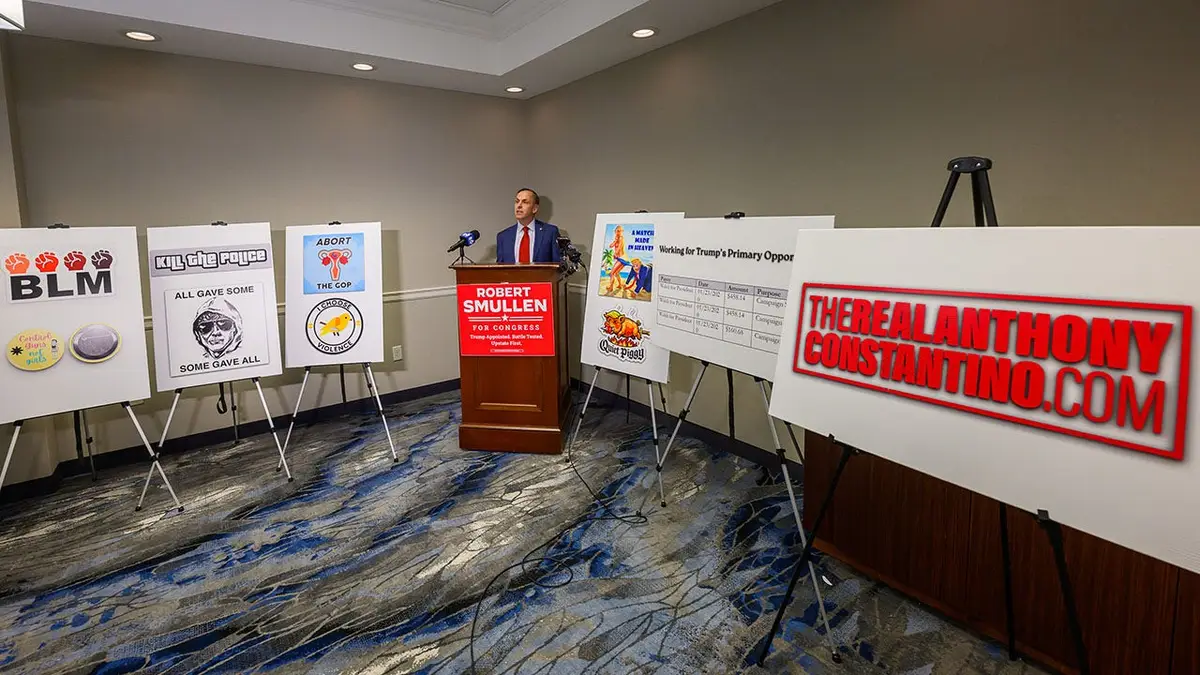 Assemblyman Robert Smullen speaking at a press conference in Albany, New York