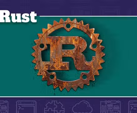 Rust programming logo depicted as a rusty metal gear on a green background.