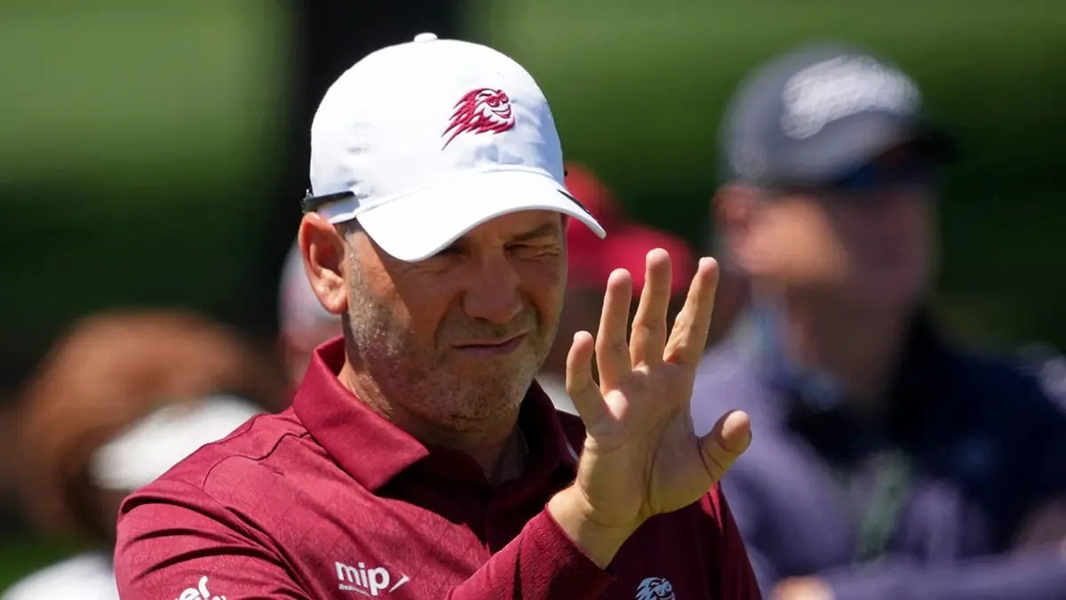 Sergio Garcia lining up a putt on the second green at Augusta National Golf Club