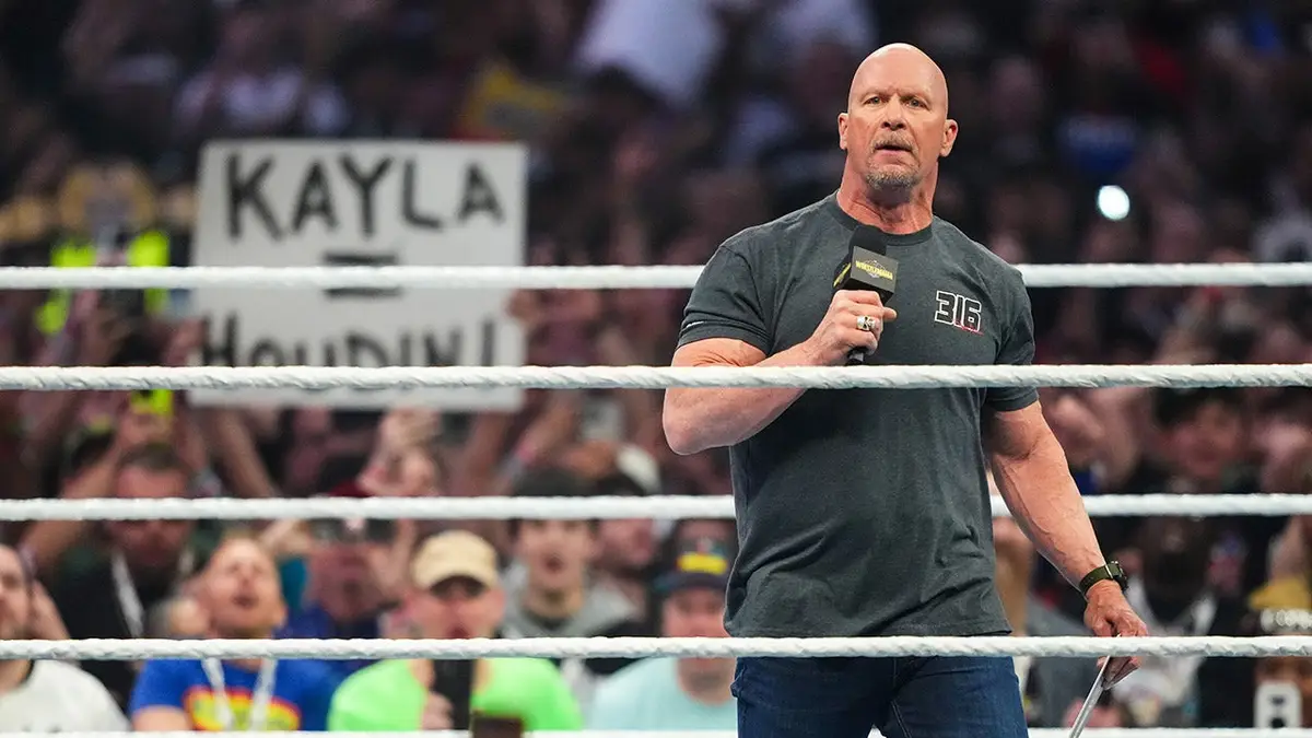 Stone Cold Steve Austin speaking at Allegiant Stadium in Las Vegas