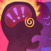 Illustration of five faces in profile with a gradient of emotions. The leftmost face is the most anxious, with fire bursting out of their head and exclamation points ringing out in their head. Each following face becomes more calm.