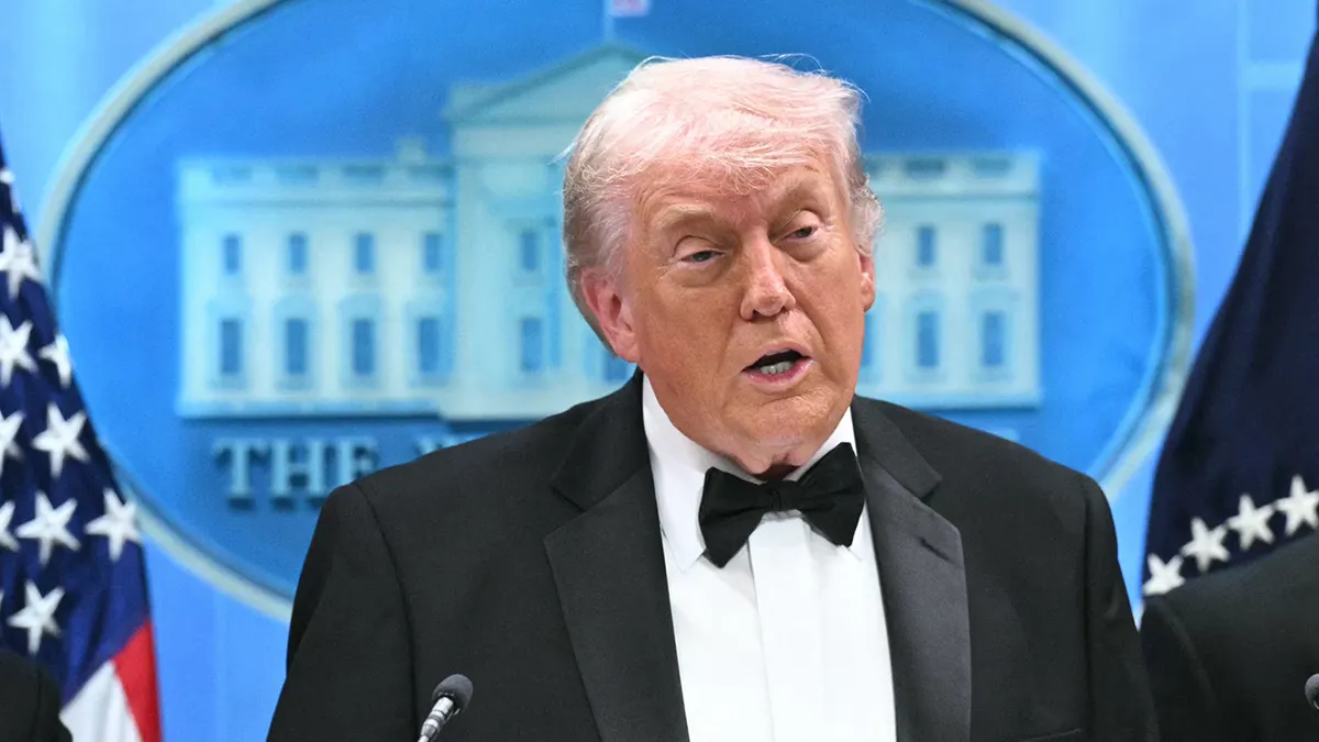 President Donald Trump speaking during a press briefing in the White House Brady Briefing Room