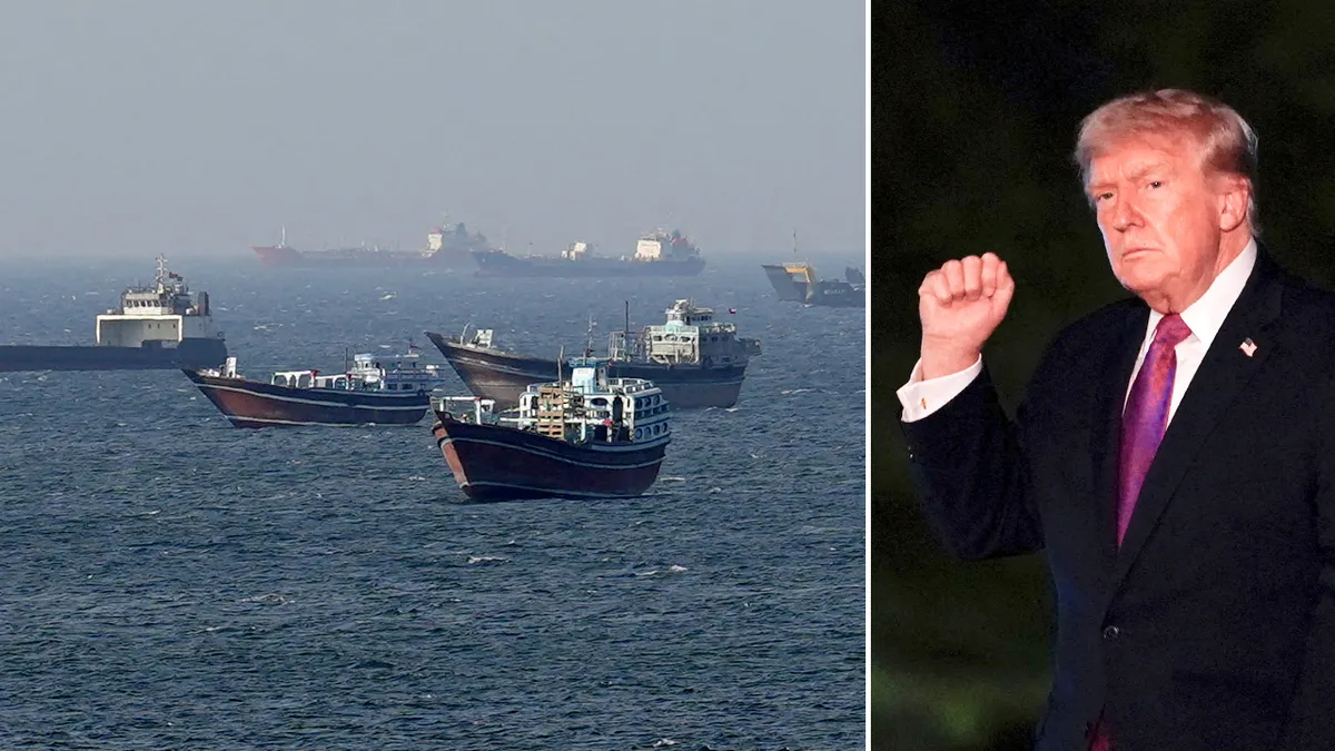 Trump pumps his fist next to a photo of the Strait of Hormuz