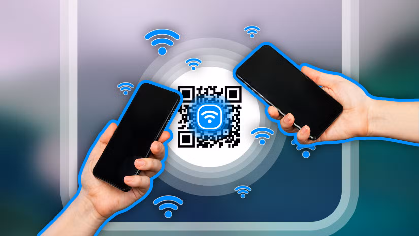 Two hands holding a phone with a QR code in the center and a Wi-Fi icon.